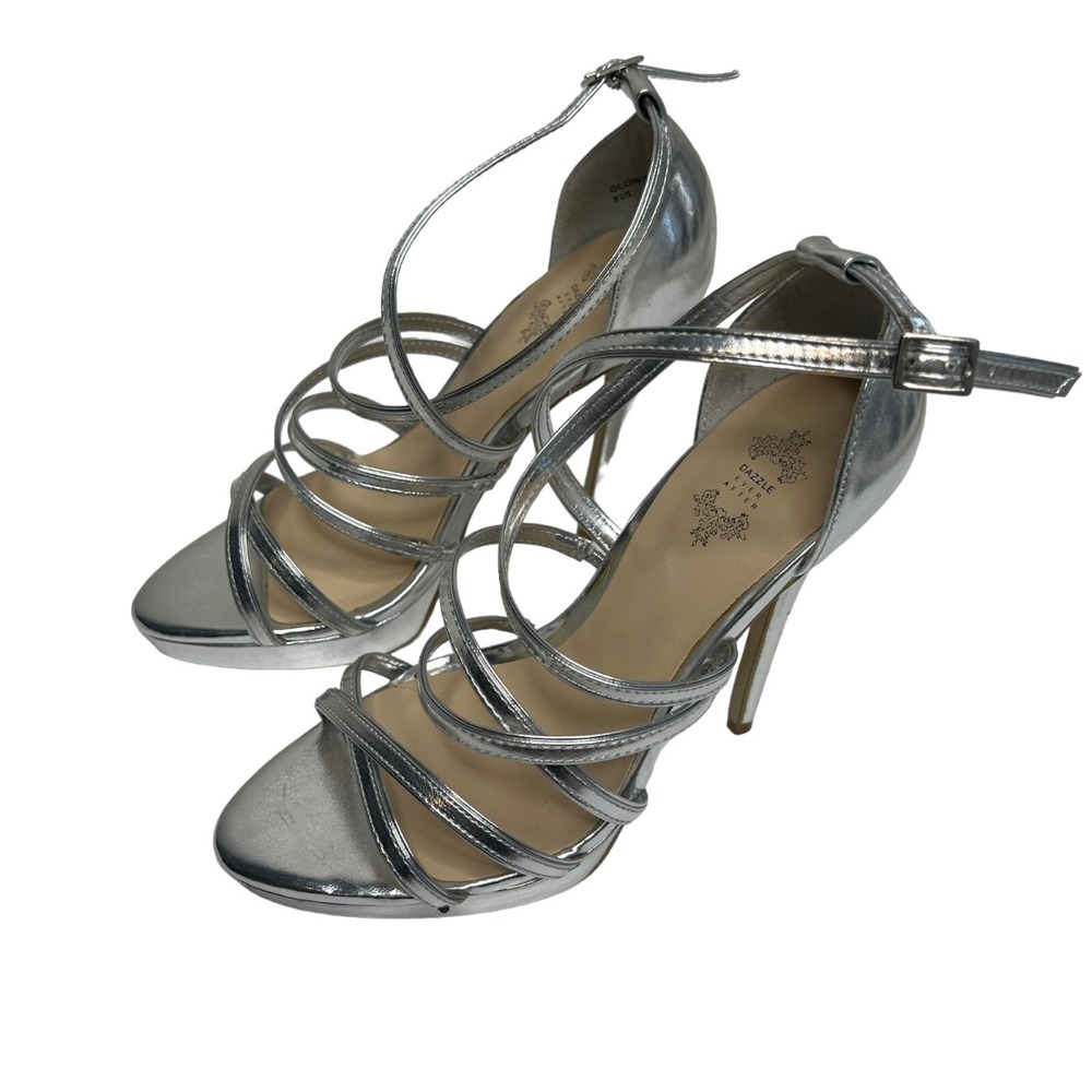 Shoedazzle Dazzle Ever After Glowing Silver Open Toe Heels Size 6 Formal Glamour